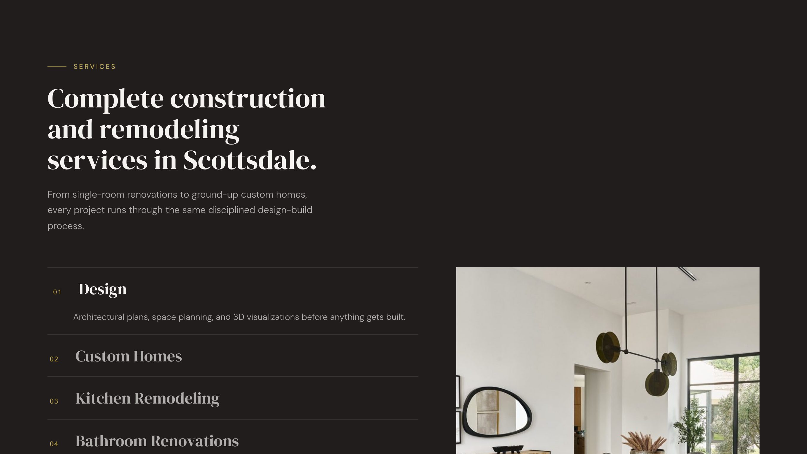 The services section of the new homepage