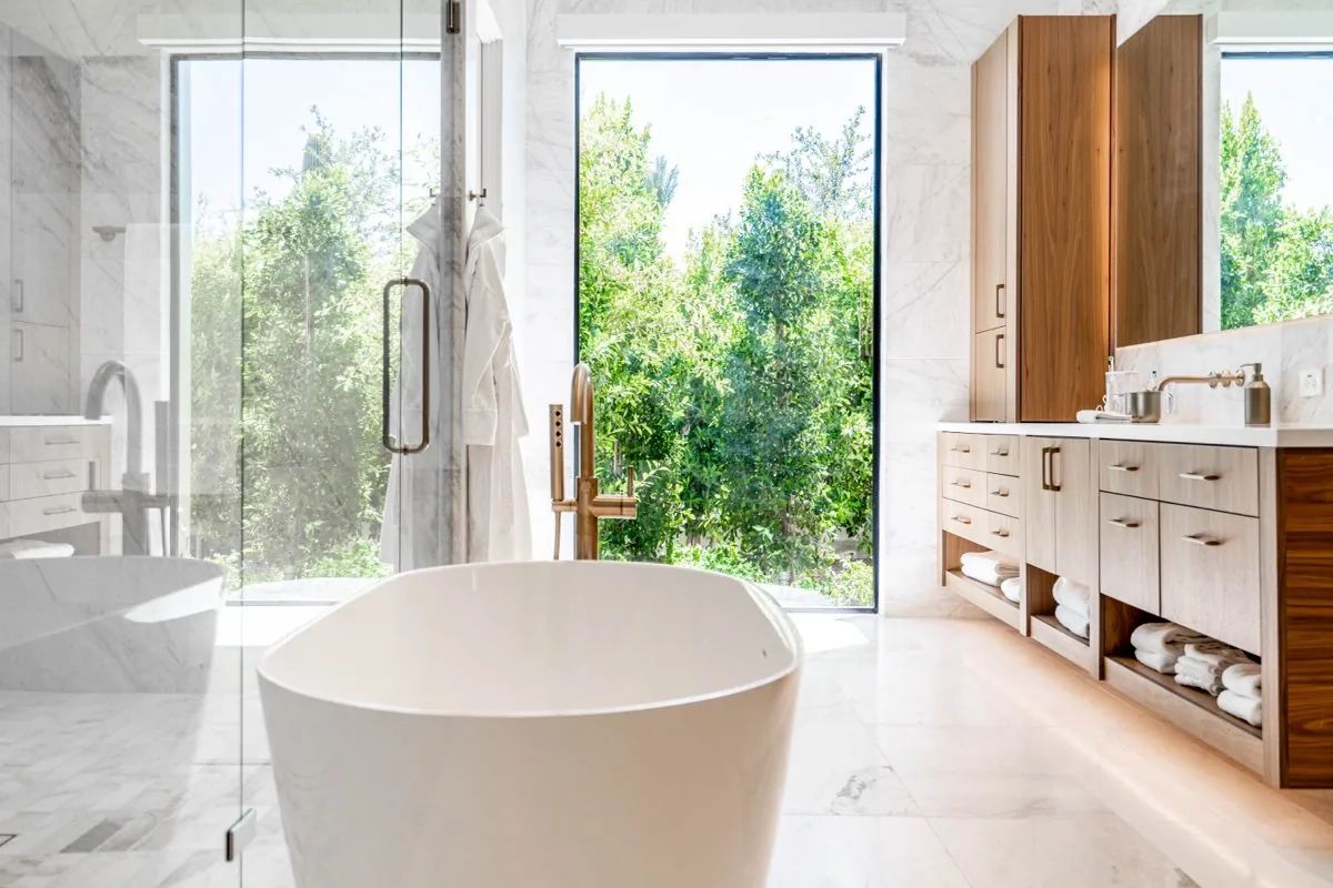 Remodeled bathroom with freestanding tub