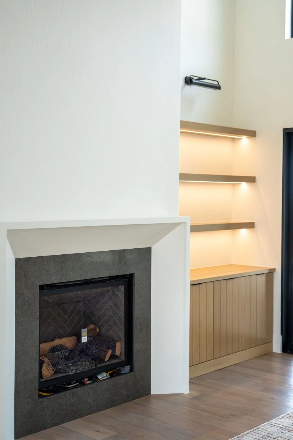 Interior fireplace and shelving detail