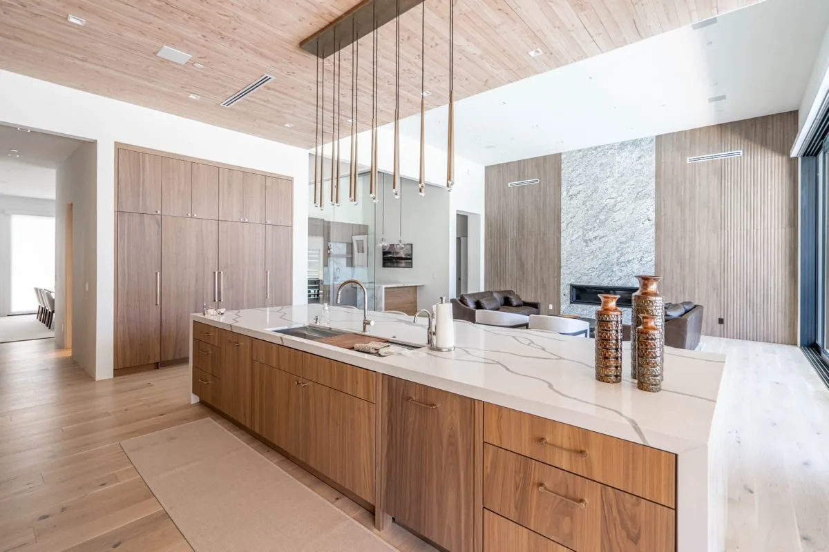 Kitchen island with waterfall countertop